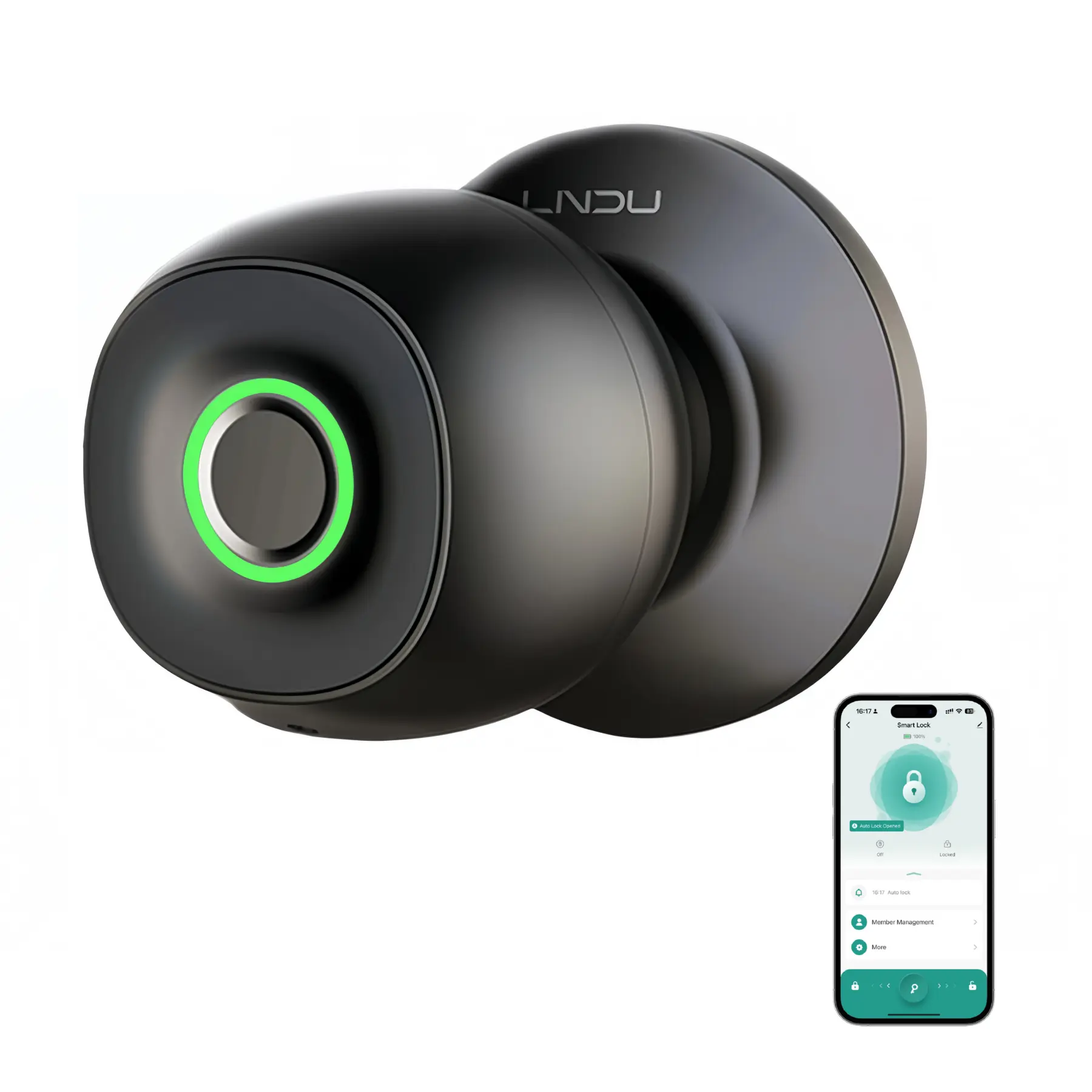LNDU APP Controlled Smart Fingerprint Door Knob, Keyless Biometric Lock with 3 Security Modes, Type-C Emergency Power for Bedroom, Home, Office