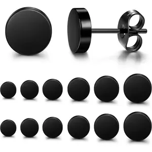 Black Hypoallergenic Stud Earrings for Men Women 6 Pairs Stainless Steel Round CZ Square Earring Studs Set 3mm-8mm