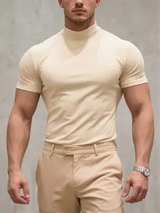 Men’s Summer Slim Fit  High-Neck Stretch Quick-Dry Breathable Tight Short Sleeve casual commuter  wrestling wear Unisex Crewneck White T-shirt   6 pack of tees clothes