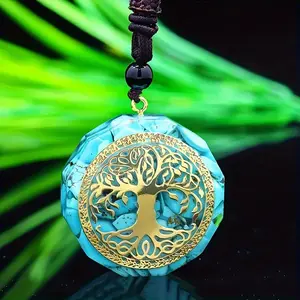 Tree Of Life Orgonite Pendant Necklace For Women And Men Turquoise Natural Stone Resin Jewelry Amulet With Symbolic Design