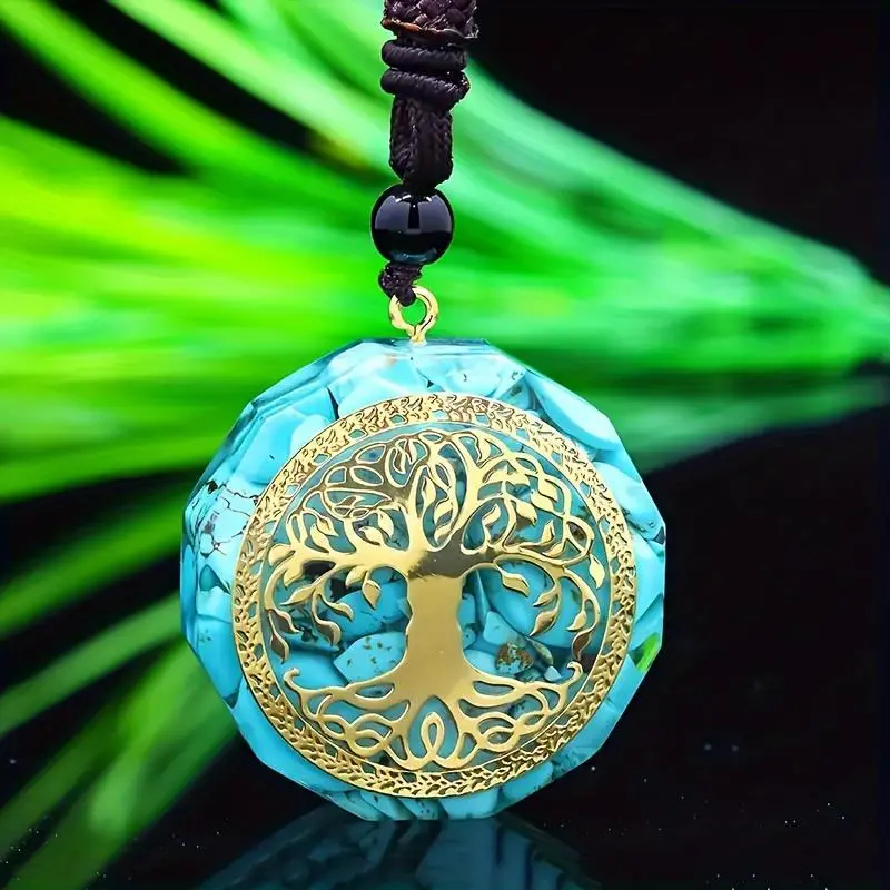 Unisex Tree Of Life Orgonite Jade Pendant Necklace - Turquoise Stone, Resin Crafted, Adult Amulet with Protection, Brings Calmness, Durability, Positive Energy, Growth, Strength, Elegance, Nature Connection, Healing Gift