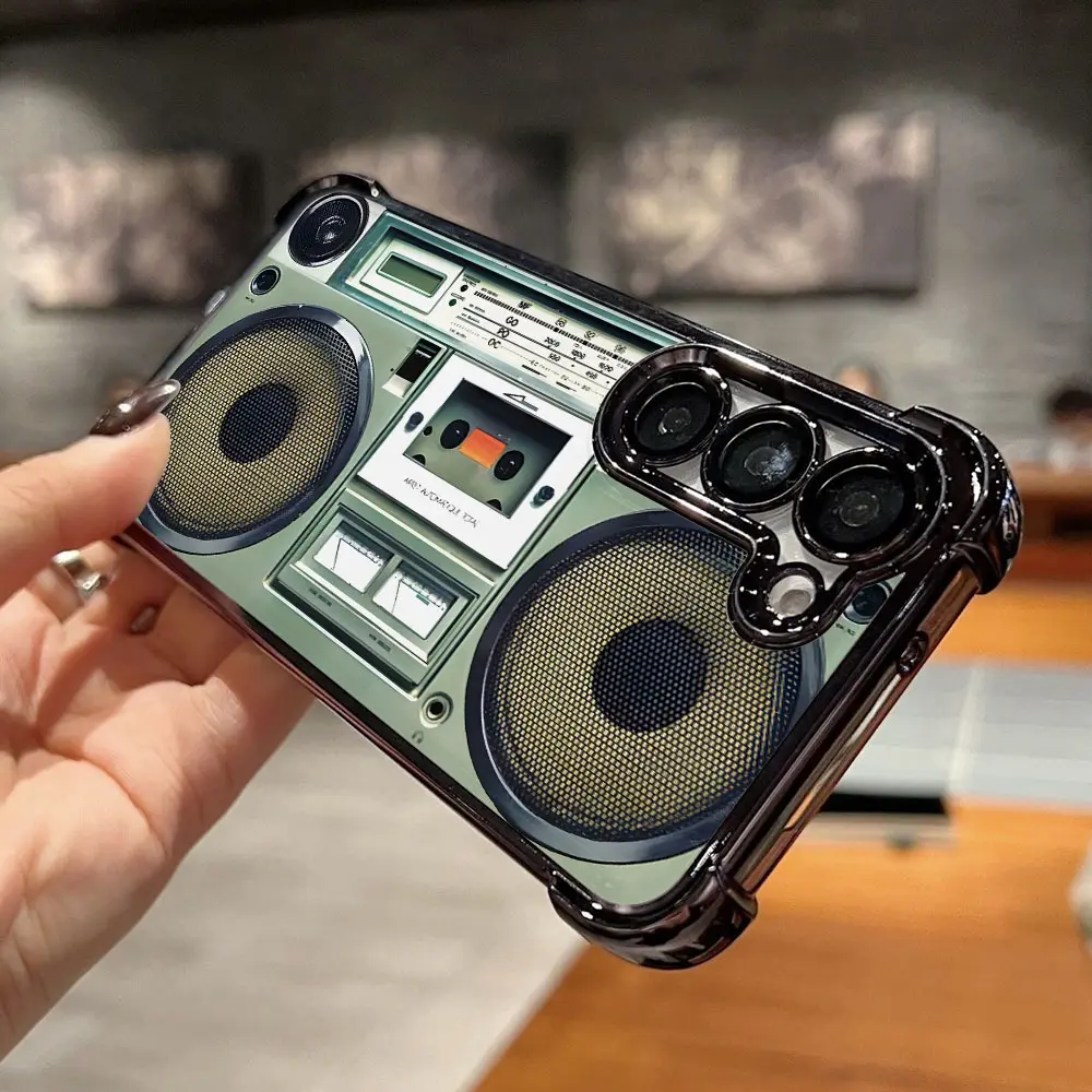 Retro Cassette Radio Phone Case for Galaxy S25 Edge, S24, S23, S22, S21 FE, Note20 Ultra Plus (4G,5G) - Black Border, Shockproof Transparent Back, Luxe Japanese-Korean Cartoon Plastic-Tpu Mobile Accessory
