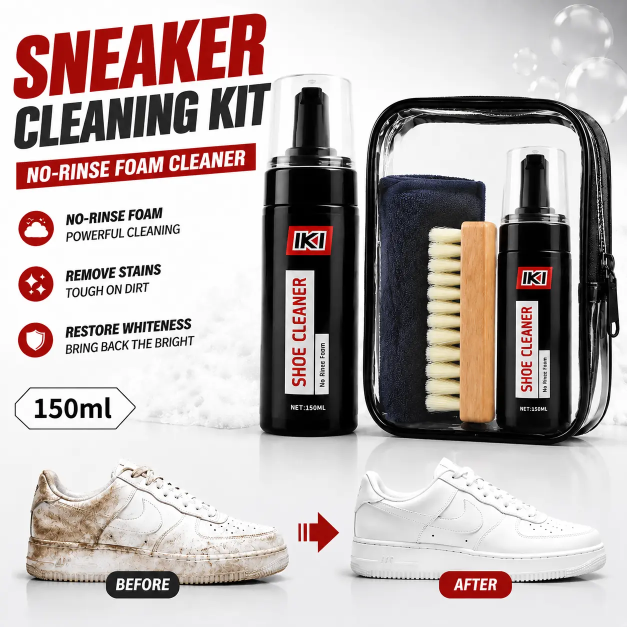 150ml No-Rinse Foam Shoe Cleaner Kit - Foam Cleaner, Brush, Towel, Storage Pouch Included, Instant Stain Removal for White Sneakers, Athletic Footwear