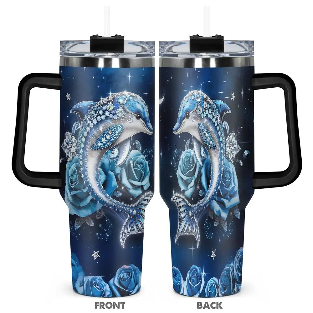 40oz Tumbler with Lid, 1 Count Cute Dolphin Pattern Insulated Tumbler, Insulated Cup, Durable Stainless Steel Water Bottle for Home Office School, Drinkware