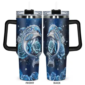 40oz Tumbler with Lid, 1 Count Cute Dolphin Pattern Insulated Tumbler, Insulated Cup, Durable Stainless Steel Water Bottle for Home Office School, Drinkware