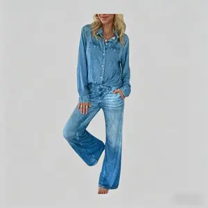 Women's Y2K 2-Piece Denim Sport Track Set - Comfy Long Sleeve Button Down Shirt, High Waist Wide Leg Trouser, Aesthetic Basic Vibe Casual Vintage Outfit