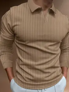 Men's Ribbed Polo Shirt, Classic Collar Design, Vertical Stripes, Long Sleeve Fit, Business Casual & Weekend Wear