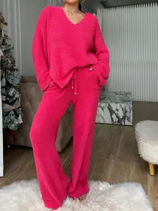 【COZY PAJAMA SET】Women's Solid Split Hem Top & Pocket Pants Plush Pyjama Set, Casual Comfy Long Sleeve V Neck Top & Drawstring Trousers PJ Set, Women's Fluffy Pajamas Loungewear for Fall & Winter, Nightwear Homewear, Sleepwear Pajamas Set