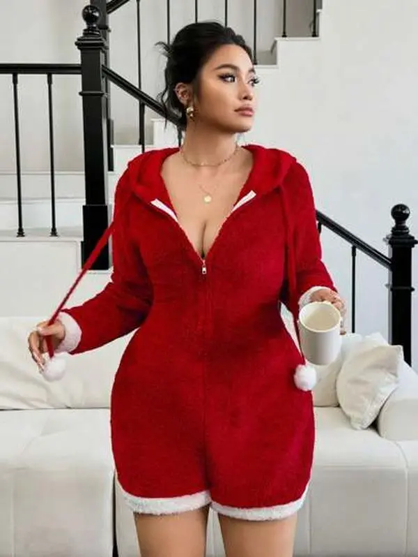 Essence Elegant Faux Fur Plus Size Women's Romper, Warm Fitted Playsuit, New Design for Christmas - Cozy & Stylish Holiday Outfit for Plus-Size Women, Perfect for Winter Celebrations. Womenswear