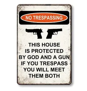 Gun Logo Novelty Metal Aluminum Logo Forbidden Trespassing This Property Subject to God and Gun Logo Garden Yard Home Decoration Farmhouse Art Wall Logo Plaque Size: 12 x 8 inch