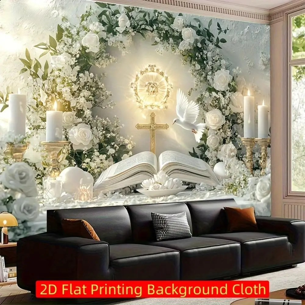 1-Piece Polyester Decorative Banner - 2D Flat, Smooth-Printed Fabric Wall Hanging, Elegant Ceremony Backdrop for 1st Communion, Wedding Photography Background