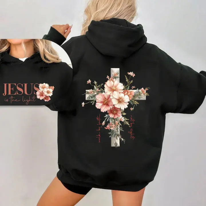 "Jesus Is The Light" Floral Cross Oversized Hoodie, Women's Faith Based 100% cotton Hoodies ,Black & White