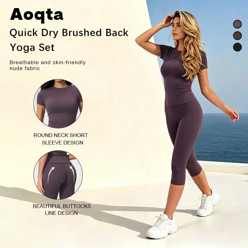 Aoqta Female 2-Piece Yoga Sport Casual Set - Crew Neck Short-Sleeve Solid Slim-Fit T-Shirt, High-Waisted Tummy-Control Butt-Lifting Athletic Capri Pants, Machine Washable, Suitable for Yoga, Gym, T-Shirts