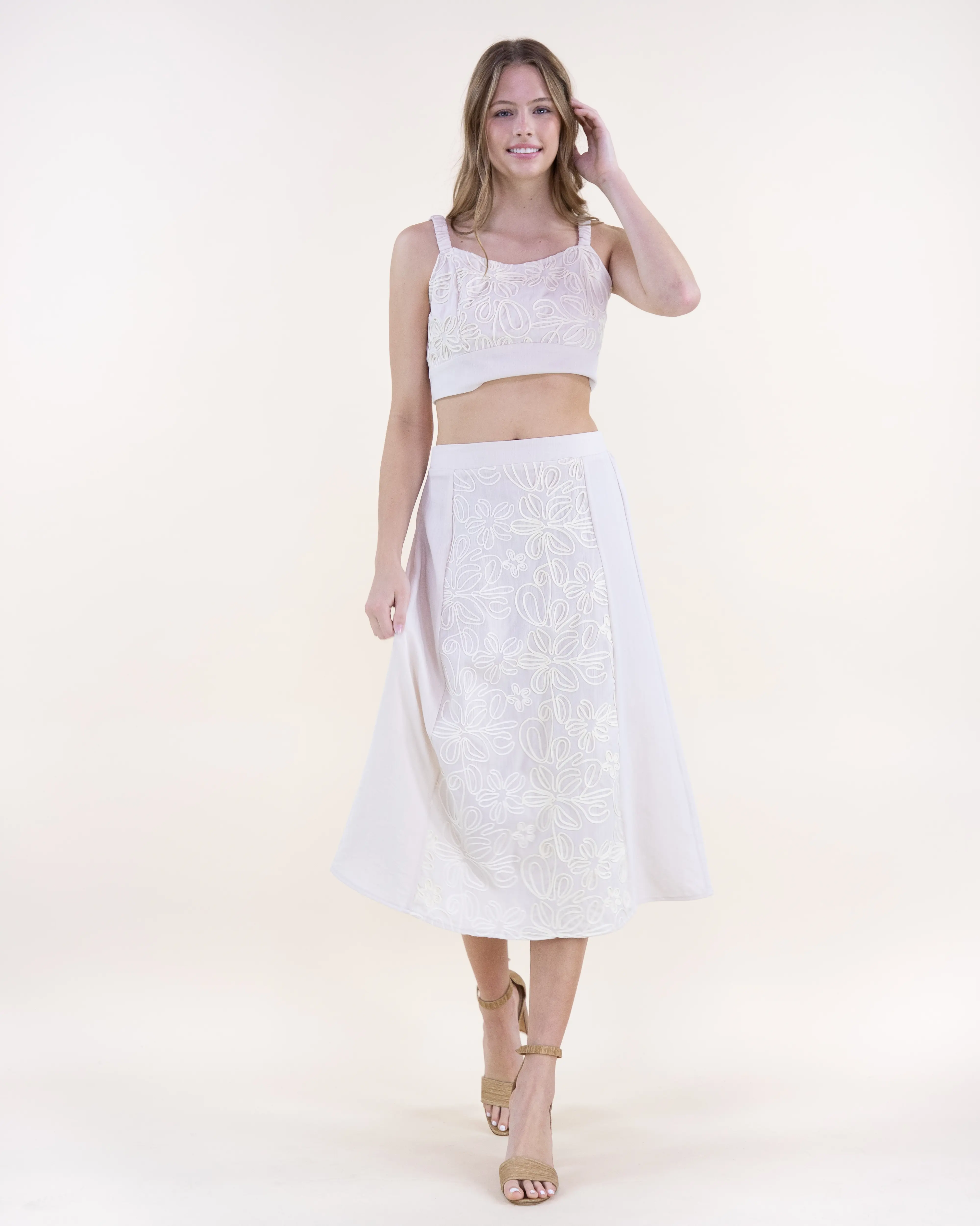 Women's Wildflower Embroidered Outline Crop Top and Midi Skirt Set – Two Piece Floral Embroidered Matching Set for Resort, Vacation and Summer Styling