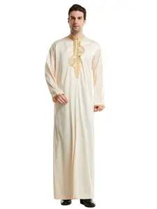 Muslim Traditional Robe Men Stand Collar Embroidered Silk Long Robe Ethnic Style Festival Clothing, Loose-Fitting All Seasons Apparel Authentic Saudi Thobe