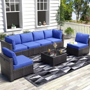 Gaomon 7-Piece All-Weather PE Rattan Wicker Outdoor Patio Conversation Set - Modular Sectional Couch with Multiple Seats, Plush Cushions, Coffee Table, Easy Setup for Garden, Balcony (Brown+Blue)