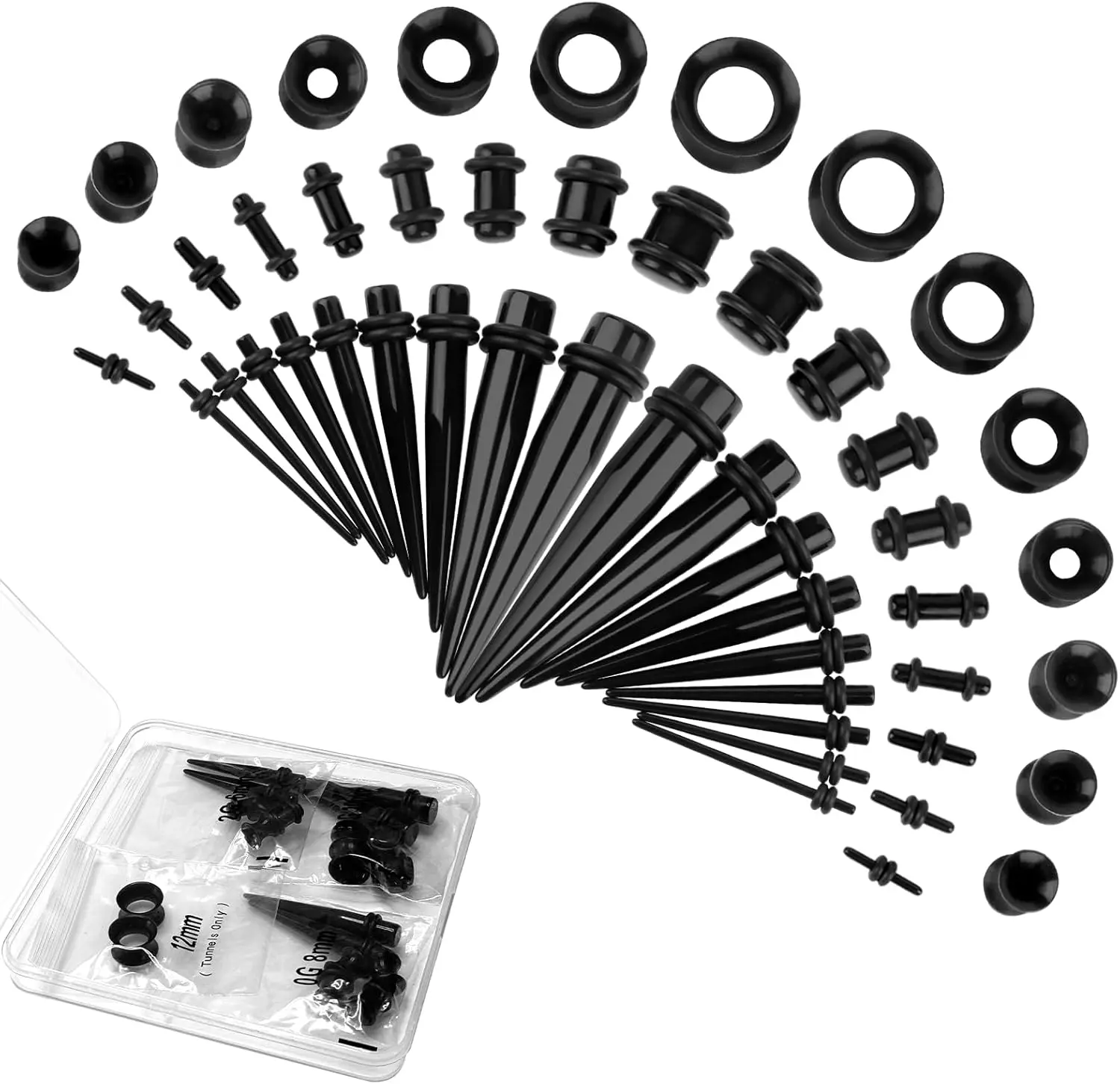 50-Piece Ear Stretching Kit, Unisex Acrylic & Silicone Body Jewelry Set, Includes Tapers, Plugs & Tunnels for Gauges 14G-00G, Individually Packaged, Classic, Up To 12Mm Silicone Tunnels, Waterproof, Acrylic Taper, Hypoallergenic, Multi-Size, Gauge Earring