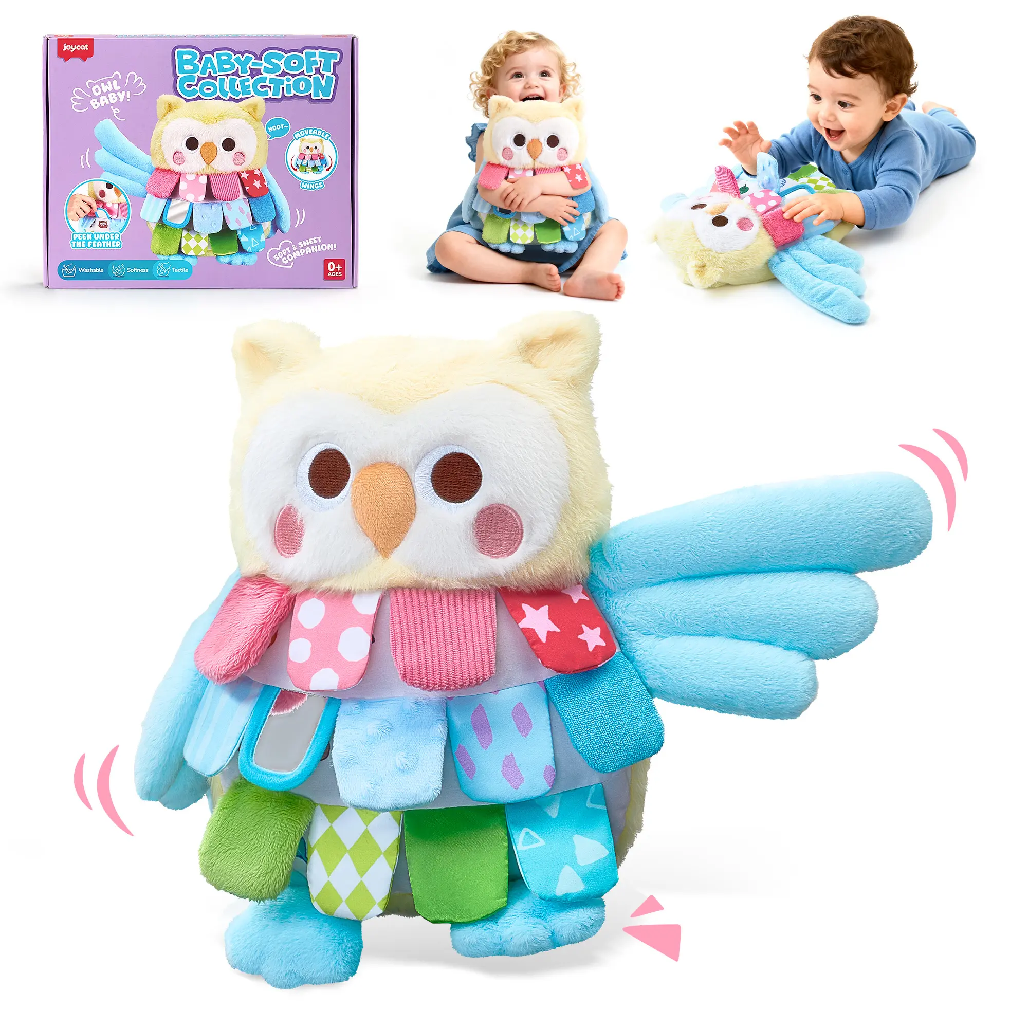 JoyCat Owl Sensory Stuffed Toy - Soft Huggable, Soothing Doll with Multi-Textured Crinkle Sound, Mirror, Portable Unisex Infant Gift (Tummy Time, Carseat Use) - Cute Stuffies, Stuffed Animal Gifts, Baby Shower, Animal Character Toy, Birthday