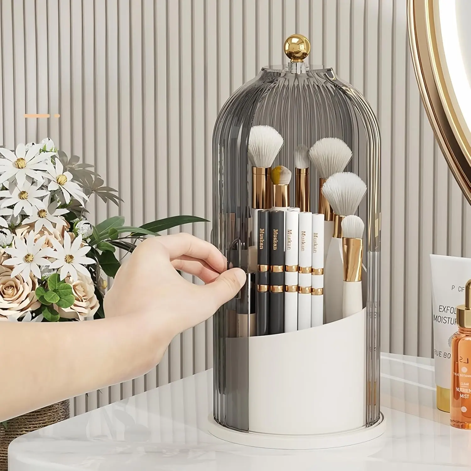 1PCS Makeup Brush Holder Organizer with Clear Lid 360 Rotating Sliding Opening Dustproof Brushes Container for Vanity,back to school,back to school haul