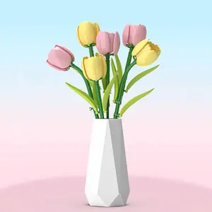 Tulip Bouquet Building Blocks Set with Vase, Artificial Botanical Flowers,for home and room decoration,Unique Gift for Flower Lovers