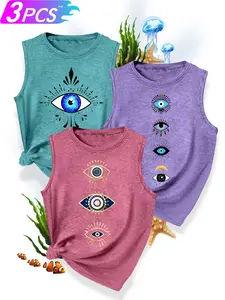3Pcs Women's Crew Neck Tank Top, Evil Eye Series Print, Multiple Colors Available, Machine Washable, Spring & Summer Tops, Soft Skin-Friendly Fabric, Daily Versatile, Fashion Design