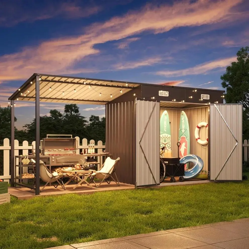 6X4Ft Outdoor Storage Shed and Hardtop Gazebo Combo 12X4Ft Metal Lean-To Garden Shed with Open Pergola NONE