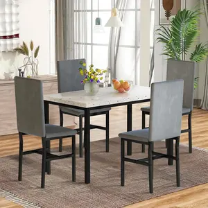 Recaceik Elegant Chic 4-Person Dining Table Set with Faux Marble Top & Velvet Upholstered Chairs for Small Spaces Modern Home Interior Furniture