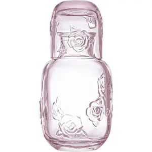 Sizikato 15 Oz Rose Embossed Pink Glass Bedside Night Water Carafe with Tumbler Glass.