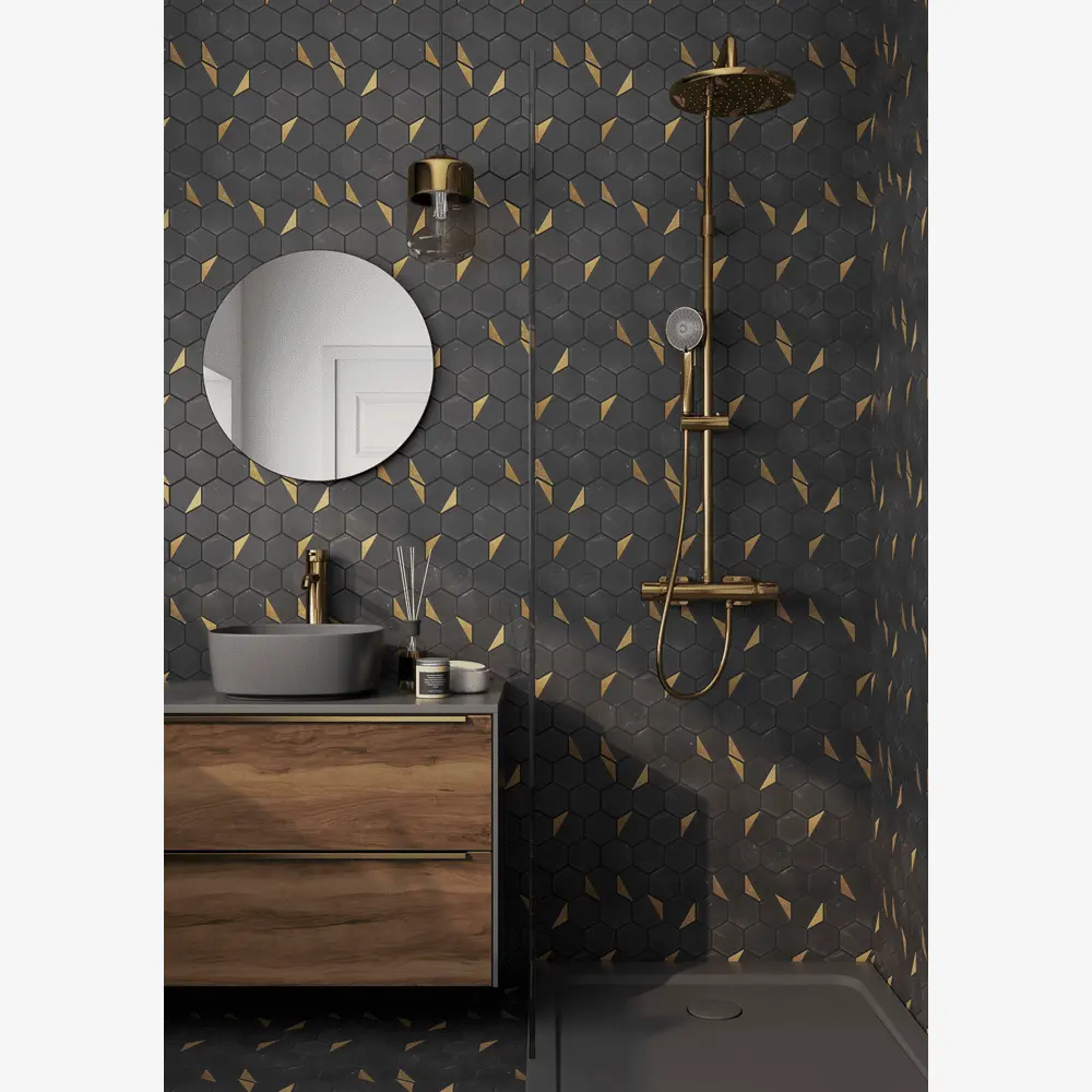 Glam Nero Marquina + Gold Brass 12x13 Glossy Hexagon Mosaic Tile