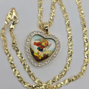 SAINT MICHAEL'S/ SAN MIGUEL ARCANGEL religious necklace heart with clear stonea gold-plated 18"inches 24"inches available