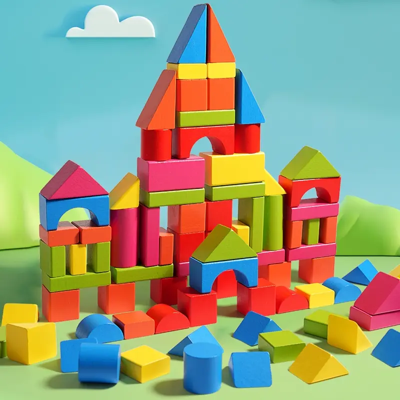 82-Piece Large Grain Building Blocks Set, Creative Building Block, Color Shape Recognition, Creativity & Hand-Eye Coordination, Montessori Stem Education Toy, Wooden Blocks