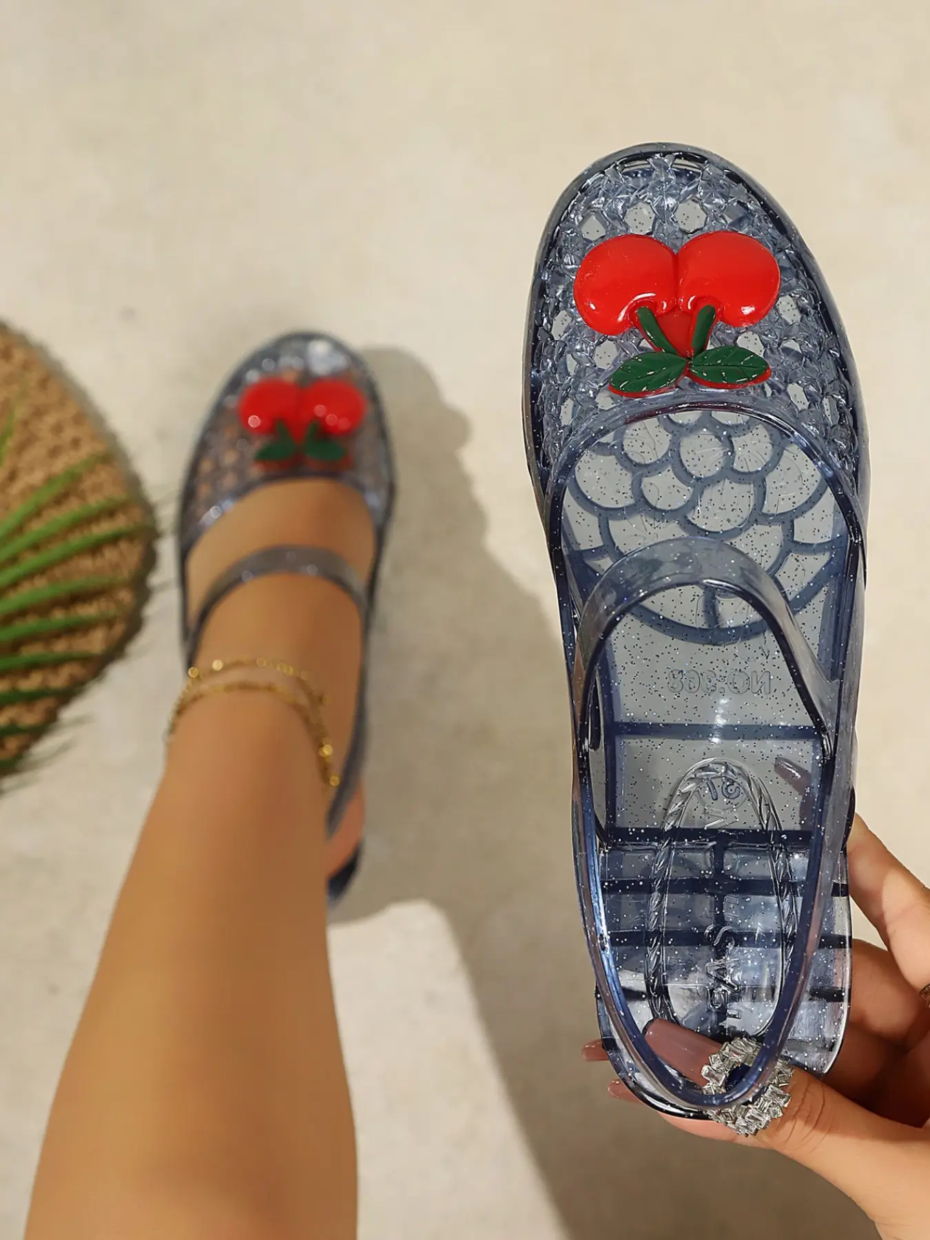 Cute Cherry Decorated Jelly Flat Summer Sandals for Women, Transparent Glitter Upper, Buckle Design, Soft Anti-Slip Sole, Breathable, Summer Fashion