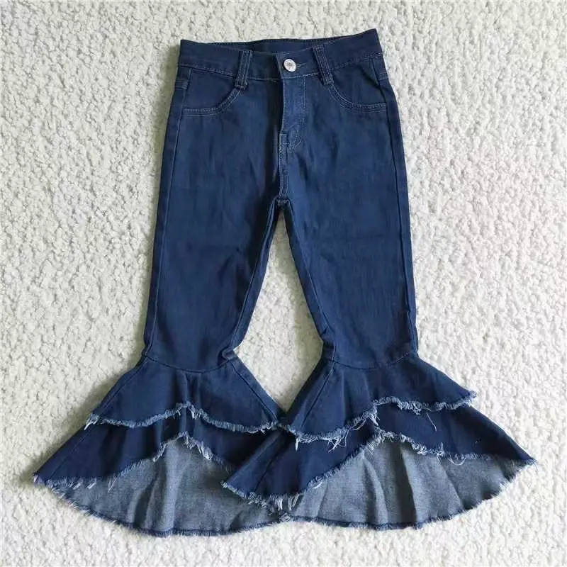 Girls' Mid-Waist Fitted Dark Blue Denim Cotton Blend Basic Jeans - Double Lace, Medium Stretch, All-Seasons Casual, Machine Washable, 8% Polyester, Sizes 6-12m,12-18m,2t,3t,4t,5-6t,6-7t,7-8t, Style P0007
