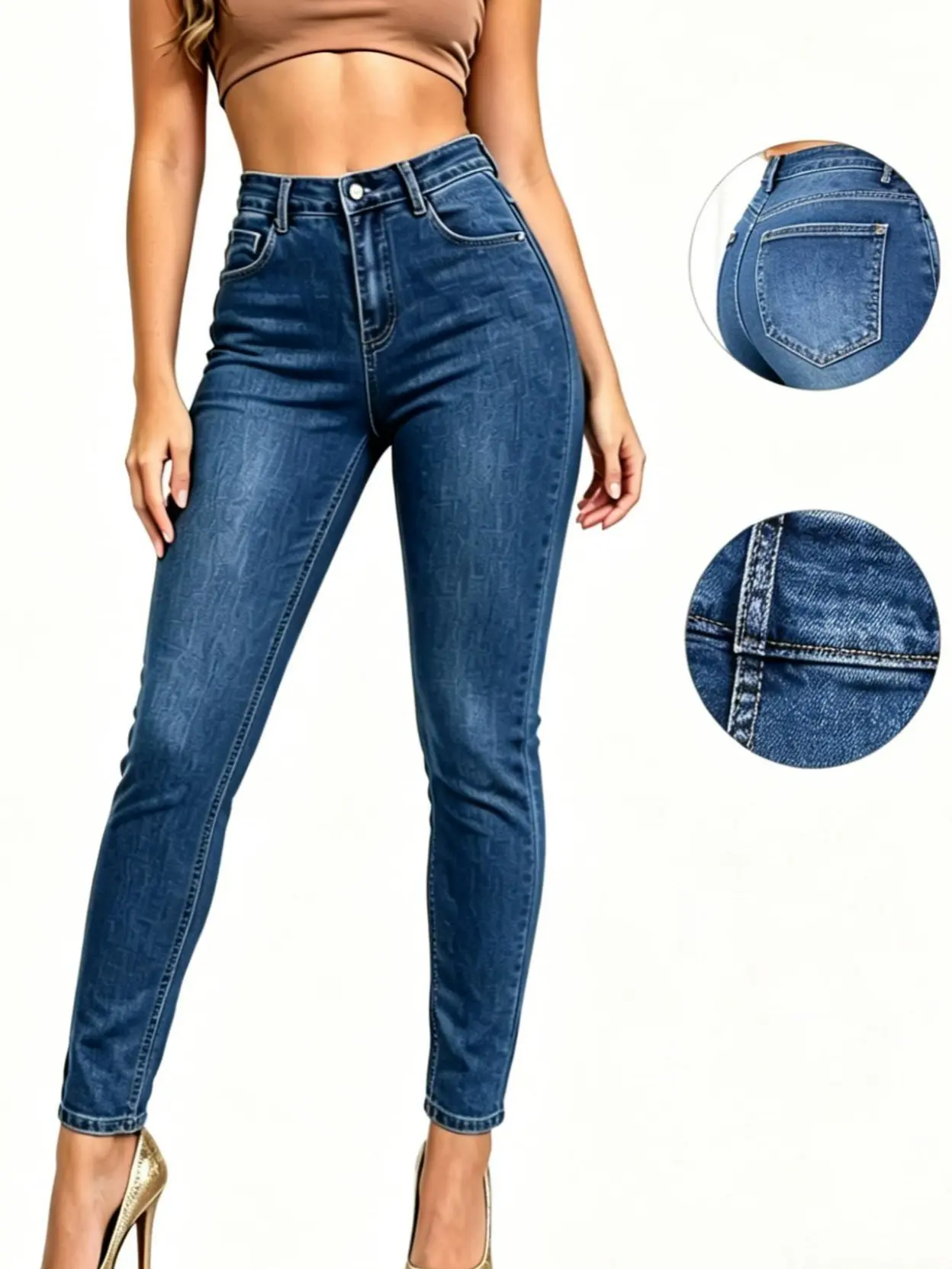 Lady's High-Waisted Stretch Denim Skinny Jeans - Tummy Control, Butt Lift, Curvy Fit Minimalist Trouser for Everyday Women's Bottom, Pencil, Buttons, Crop Top, Lightweight, Simple Fits, High Waist, Fitted, Washed