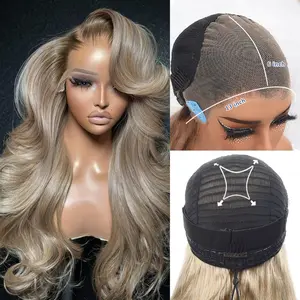 Pre Cut Drawstring Wig 180 Density Ombre Ash Blonde Glueless Human Hair Wig Body Wave With Dark Root Colored Lace Front Wigs Human Hair For Women 13x6 Transparent Lace Front Wig Raw Remy Hair Wigs