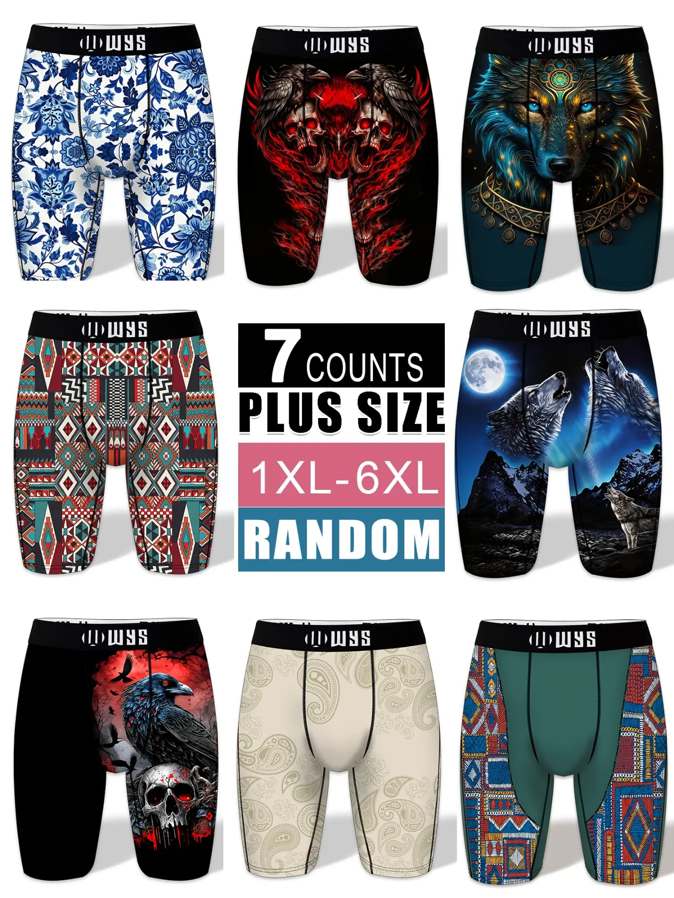 RANDOM-7PCS Men's Plus Size Graphic Print Boxer Briefs, Underwear Set, Moisture-Wicking, Anti-Chafing, Quick-Dry, Casual Sporty Style, 1XL-6XL