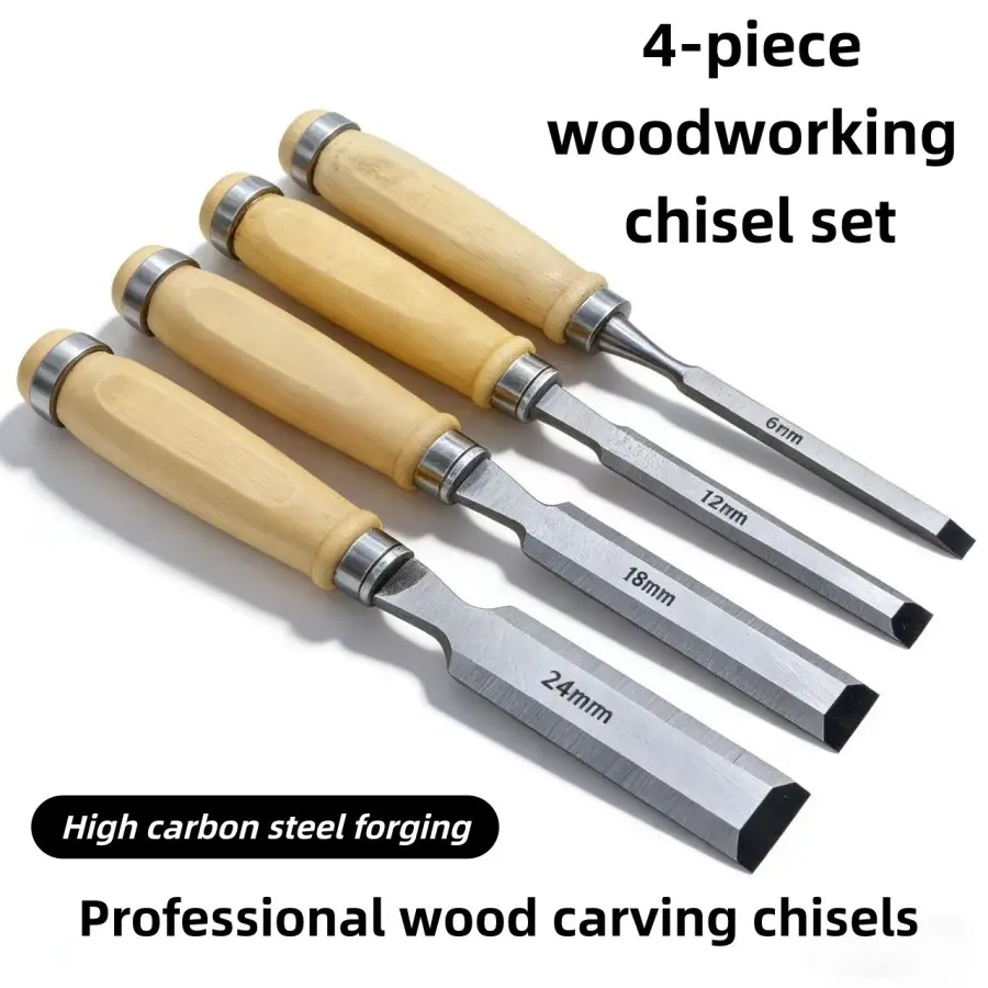 Woodworking Chisel Set, High Carbon Steel Flat Chisels, Wooden Handle, DIY Wood Carving Tools, Carpentry Tools, Four Pieces, Hand Tool Kit