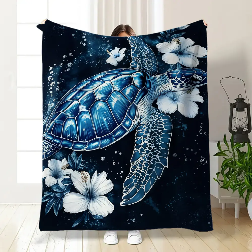 Blue Sea Turtle Hibiscus Throw Blanket - Ocean Watercolor Print Flannel Blanket, Cozy Soft Blanket with Tropical Hibiscus Flowers,Perfect for Beach Coastal Lovers