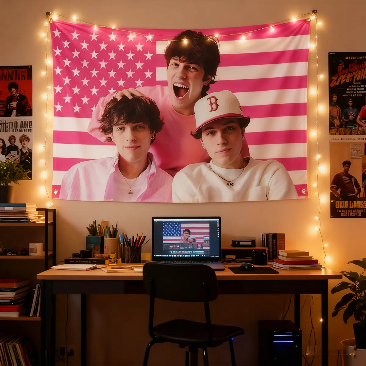 Sturniolo Triplets Patriotic Synthetic Tapestry Wall Mural - Indoor Wall Hanging Tapestry, Home Bedroom Decor, Plain Aesthetic Music Poster, Viral Trio Fan Gift, Home Supply