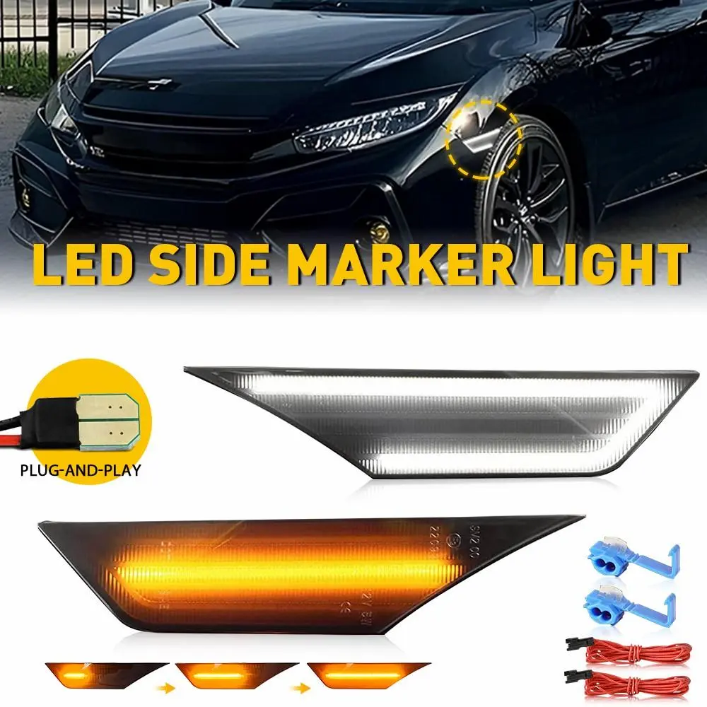 AUTOONE Ultra-Bright LED Front Side Marker Lights - 2PCS Smoked Lens Fender Running Lights for 2016-2021 Honda Civic 4-Door Sedan, Amber Flowing Turn Signals, 2-Mode Amber&White Car Lighting with LED Chips, Auto Parts Accessories