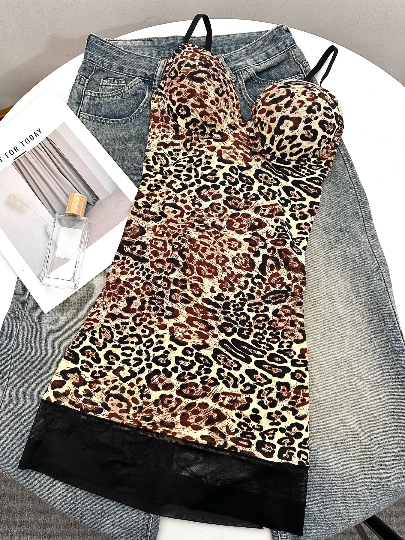 Women's Leopard Print Shapewear One-Piece Dress, Deep V Backless Design, Adjustable Straps, Above Knee Length, Casual All-Season Wear
