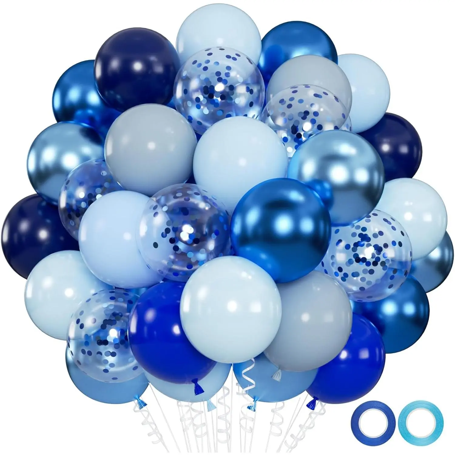 100pcs 12in Balloon Decorations Kit - Metallic Royal Navy, Pearl Blue, Confetti Accents, 66ft Ribbons for Birthday, Graduation Party Bouquet Decor