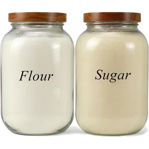 2 Pack Glass Flour Sugar Storage Containers with Acacia Wooden Lid, 1 Gallon Glass Jars with Airtight Lid, Wide Mouth Large Mason Jars 128oz for Rice, Pasta, Oats, Coffee Storage