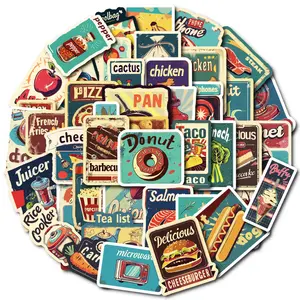 50 pieces of vintage food-themed European and American style stickers DIY material for decorating tablet phone cases and helmets, trendy stickers