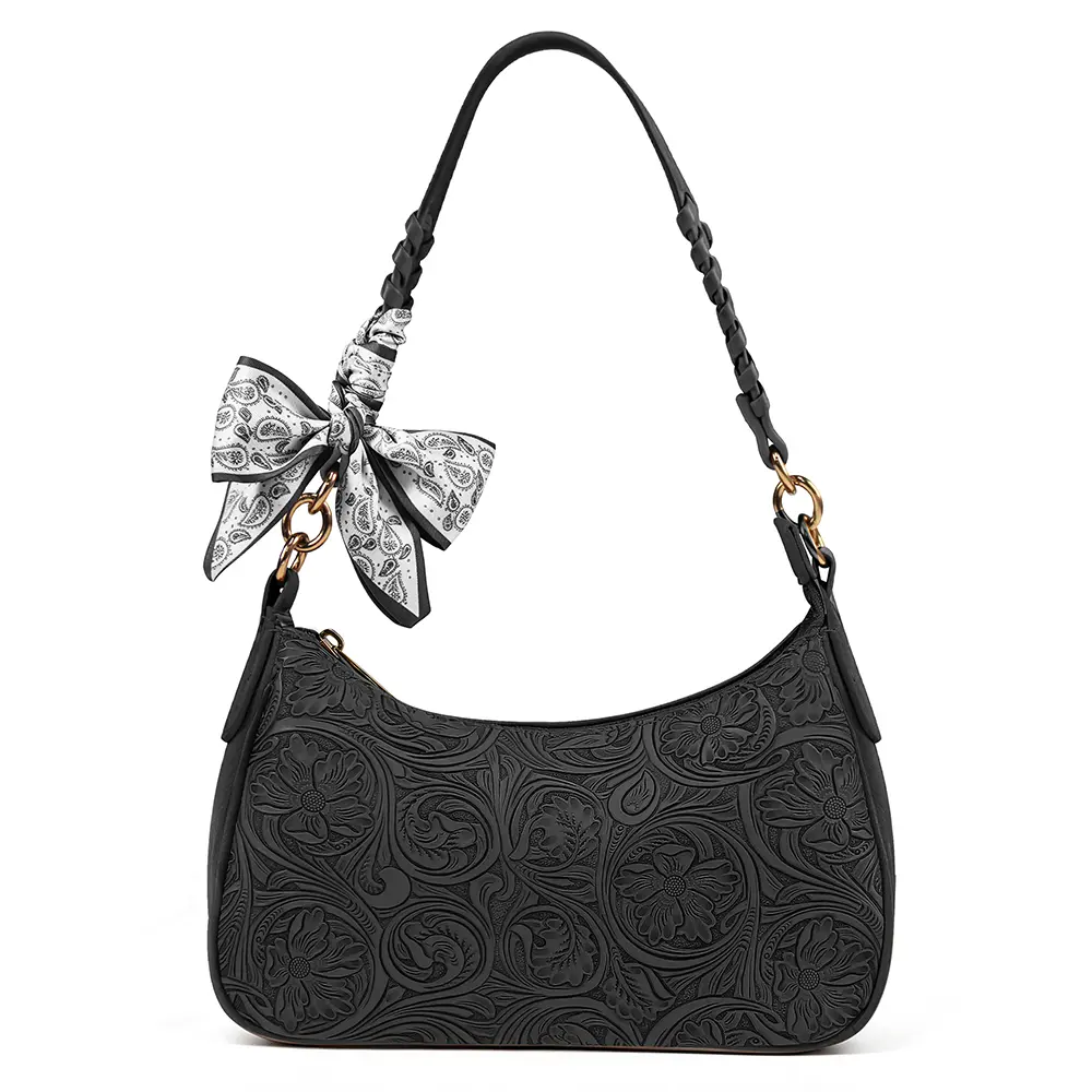 CHERUBEL Boho Braided Strap Crescent Bag for Women - Western Tooled Floral Underarm Purse with Silk Ribbon Bow - Distressed Vintage Leather Hobo Handbag for Everyday & Fall Fashion