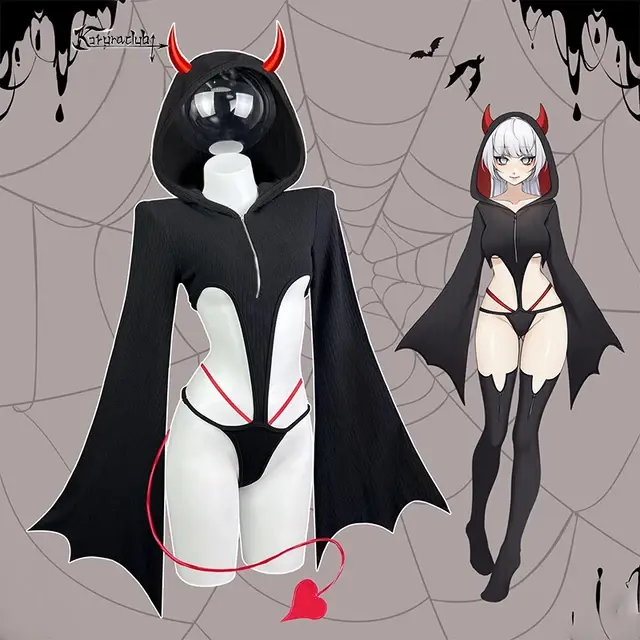 KORURACLUB Women's Halloween Devil Bat Bodysuit Costume, Gothic Hooded Cape Cutout Cosplay Outfit AH040