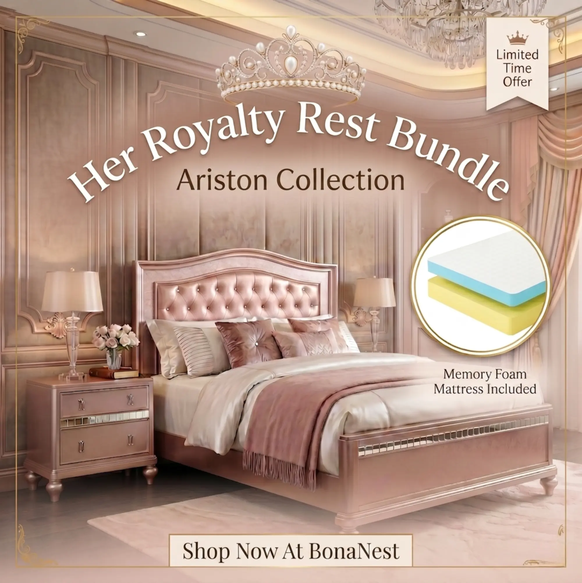 Furniture of America Ariston Contemporary Royalty Furniture Bundle - Bedframe with PU Leather Mirror, Nightstand & 10" Cooling Gel Memory Foam Mattress (Assembly Required)
