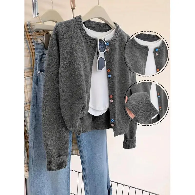 Plus Size Women's Elegant Cardigan, Knitwear, Soft Comfortable Fall Winter Wear, Colorful Buttons Long Sleeves Ribbed Cuffs Knit Sweater Coat