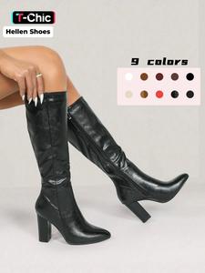 women's black shoes, fashionable solid color heeled knee boots, elegant women shoes, formal boots, pointed toe high heels trending shoes for daily wear, women's comfort footwear for fall & winter, gift for her