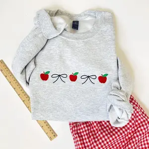 Embroidered Back to School Teacher Bow and Apple Crewneck Sweatshirt | Teacher Classroom Gift | Gift for New Teacher , Teacher Graduation